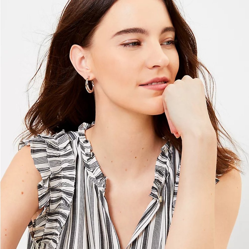 NEW Loft XS Gray Striped Ruffle Split Neck Top